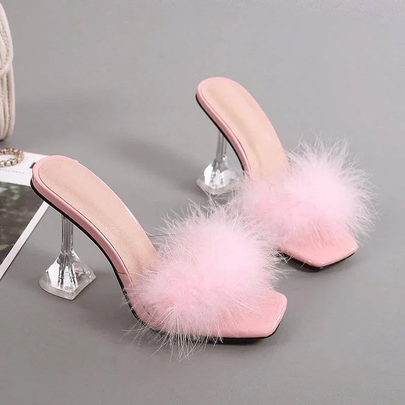 Rowan Peep Toe Fur Transparent High Heel Sandals