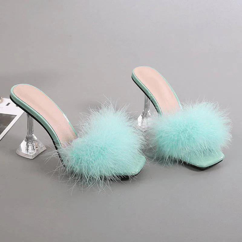 Rowan Peep Toe Fur Transparent High Heel Sandals