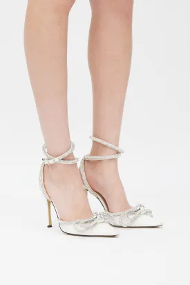 White & Silver Double Bow Crystal Satin Heel
